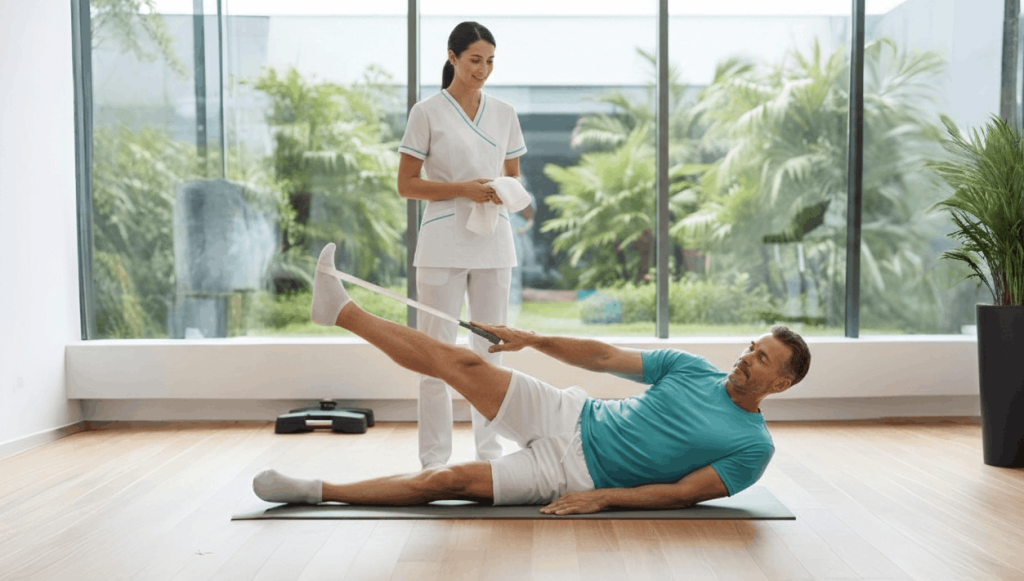 A physical therapist stands nearby, offering a white towel. Follow-Up (After the Injection)