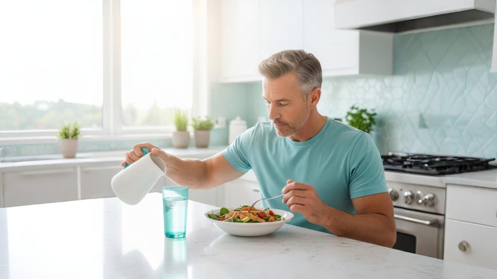 Healthy man in his late 40s sitting at a bright white marble kitchen island. Preparation (Before the Injection)