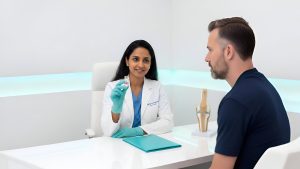 A hyper-realistic landscape shot focusing on a polished white desk in a bright, modern BioRestore consultation suite. A board-certified physician in a white lab coat and aquamarine tie is holding a small, clear glass 10ml multidose vial of Testosterone Cypionate (the gold standard for TRT)