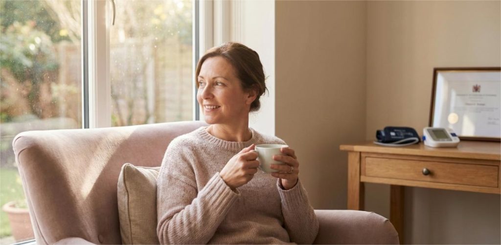 A middle-aged woman sits in a chair by a window, smiling and holding a mug.
