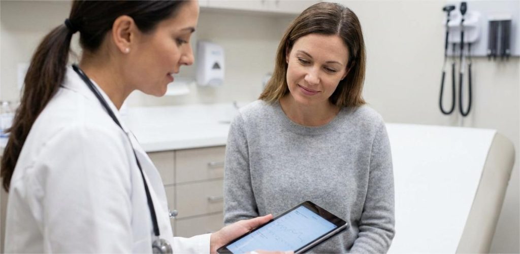 A female doctor in a white coat shows a digital tablet to a seated female patient in a clinical exam room.
