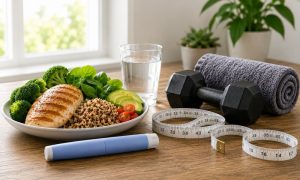 Healthy meal, fitness equipment, and GLP-1 medication pen for weight loss and muscle preservation support